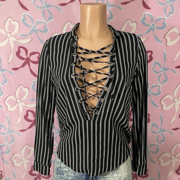 H&M divided Lace-Up Boho Nautical Shirt Blue Black Striped Size Medium 6 - Picture 1 of 9
